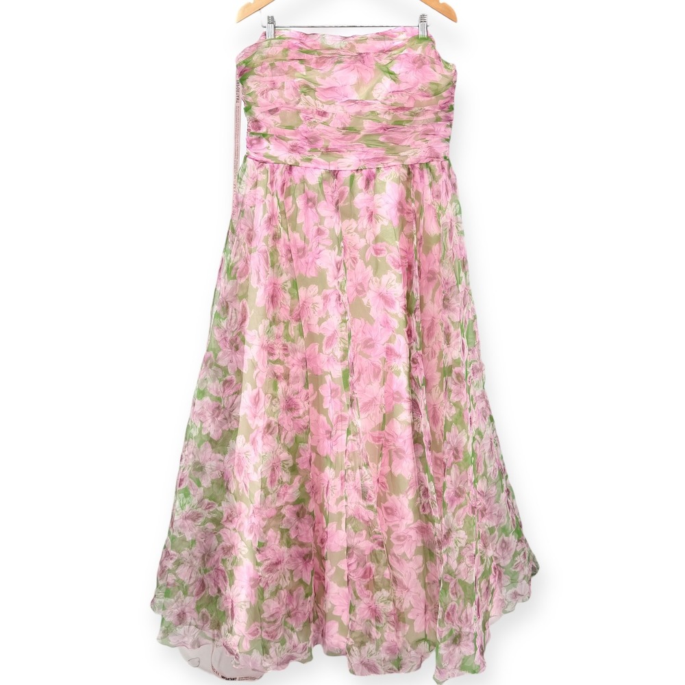 NWT Mac Duggal Pink Floral Strapless Chiffon Gown W/ Ruffle Detail $598 Size 14 - Picture 5 of 16